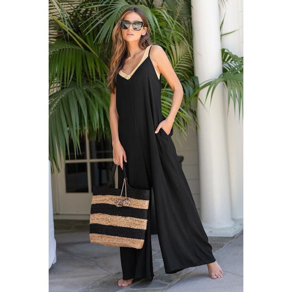 Lulus Heatwave Black Wide-leg Swim Cover-up Jumpsuit - Size L